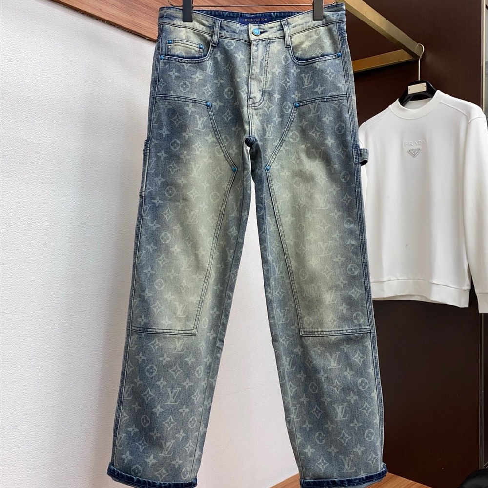 Louis Vuitton Blue Monogram Denim Jeans with Tan Patch - Picture 2 of 8